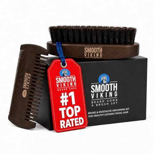Smooth Viking Beard Brush & Comb Gift Set for Men - Natural Boar Bristle Hair Brush & Wooden Comb Boar Brush for Facial Hair Styling Grooming & Beard Shaping Tool Men Hair Products - Brown