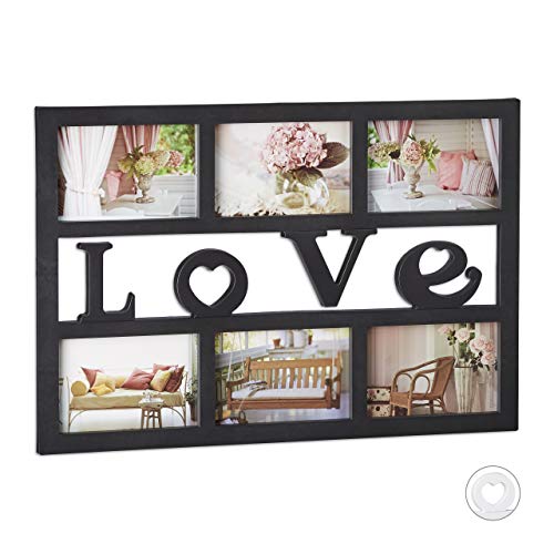 Relaxdays 10021990_46 Cornice Multifoto LOVE Portafoto Multiplo per 6 Fotografie 10x15 cm da Appendere HxLxP: 33x48x1,5 cm, Nero