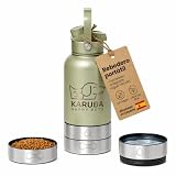 Karuba Botella de Agua para Perros 3 en 1 Acero Inoxidable 1L, Bebedero Portátil con Comedero Integrado, Sin Fugas, Agua Fría 24h