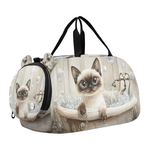 Duffle Bag for Boys or Girls with Shoes Compartment, Siamese Cat Sports Travel Bag Overnight