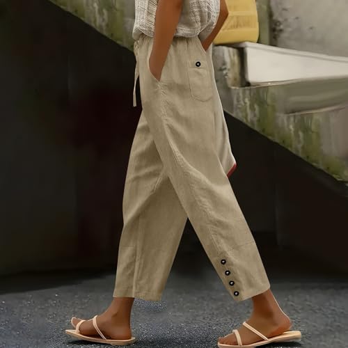 Womens Straight Leg Linen Trousers Summer Elasticated Waist Trousers Wide Leg Lightweight with Drawstring Pockets Casual Loose Breathable Palazzo Pants Beach Bottoms for Holiday Beige - Image 2