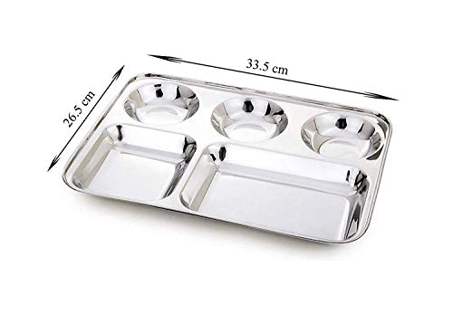 Image of 5 in1 Round Extra Deep Compartment Divided Plate, Thali, Bhojan Thali, Mess Tray, Dinner Plate Set Kitchen & Dining, Silver - Set of 8