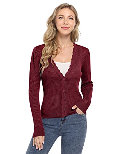 Kojooin Women's Cropped Cardigans V Neck 3/4 Long Sleeve Open Front Knit Button Up Vintage Tops Bolero Wine Red Shrug Sweater #TOP5