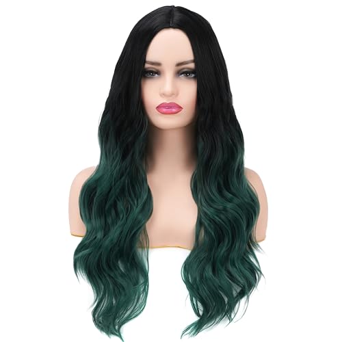 Black and Green Wig for Women Long Curly Wavy Wig Ombre Dark Green Wigs Middle Part Natural Looking Wig for Daily Party Use - Image 3