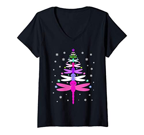 Femme Libellules Noël Arbre Noël Kawaii Bugs Insectes T-Shirt avec Col en V