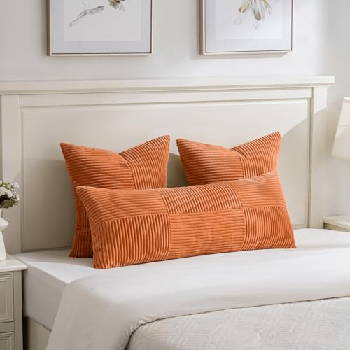 Image of Fancy Homi 2 Packs Burnt Orange Decorative Throw Pillow Covers 18x18 Inch for Living Room Couch Bed Sofa, Farmhouse Boho Home Decor, Soft Corss Corduroy Patchwork Textured Accent Cushion Case 45x45 cm