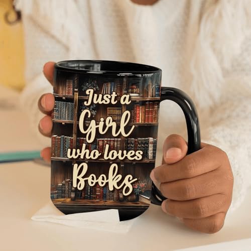 Image of Personalized Books Lover Mug, 11oz 15 oz Ceramic Coffee Cup, Just A Girl Who Loves Reading Books Design, Gift for Women Readers, Christmas (JUST A GIRL)