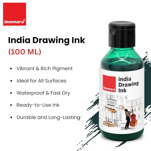Image of Isomars India Waterproof Drawing Ink Green 100ml | Professional Artist Ink for Illustration, Calligraphy, Airbrush, Canvas, Fabric, Wood, Paper & Technical Drawing