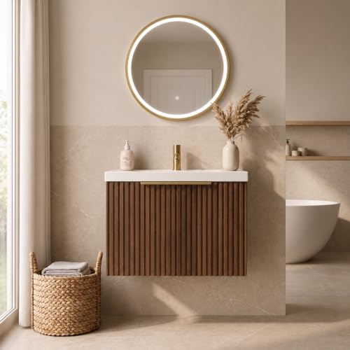 Image of BAYSTONE Fluted 600mm Bathroom Vanity Unit White Ceramic Basin Sink, Cloakroom Storage Furniture Cabinet Wall Hung Cupboard Soft Close, Brushed Brass Handle, Walnut