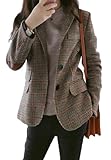 Damen Casual Button Down Slim Blazer Jacke Features Kerbe Schalkragen Reverskragen Lange Ärmel Traditioanl 2 Knöpfe Verschluss Patched Ellbogen Plaid Muster Print Full Liner