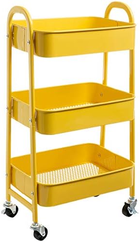 AGTEK Makeup Cart, Movable Rolling Organizer Cart, 3 Tier Metal Utility Cart, Yellow
