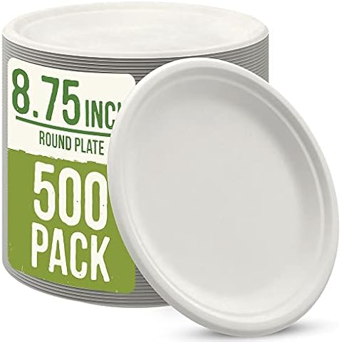 MEDD MAX WE SUPPLY WE CARE MeddMax Compostable Bagasse Paper Plates | Natural Disposable Paper Plates | Eco-Friendly & Biodegradable | Made of Sugar Cane Fibers | Deluxe 500 Pack (8.75 Inch) Cover