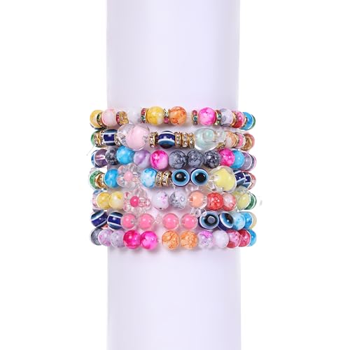 Image of Ambitieux DIY Bracelet Making Kit 575+ Beads Jewelry Set With Glass,Double,Charms Pendants Accessories,Evil Eye,Elastic Thread,Cutter & Jute Bag Craft Kit For Girls,Kids & Adults (Marble),Multicolor