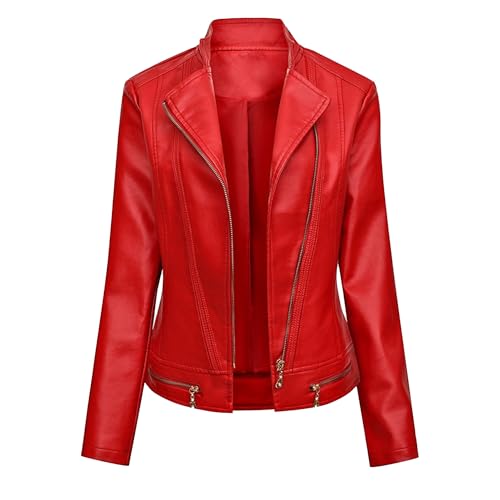 Manteau de moto femme similicuir rouge veste zippée mi-saison XL