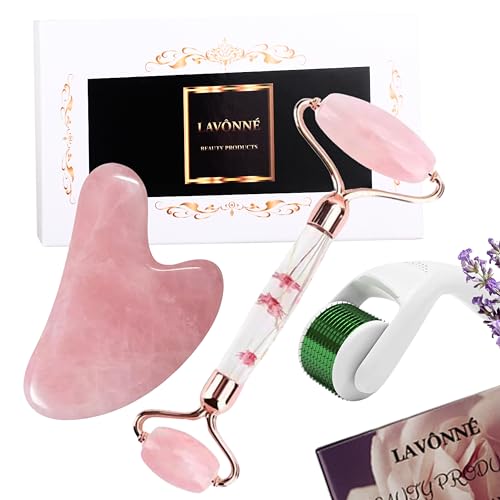 100% Authentic Rose Quartz Jade Roller and Gua Sha Set for face. Premium Quality Complete Kit. Facial Tools. Microneedle Derma Roller. Natural Facial Gift Set Women (Pink, 4 PCS)
