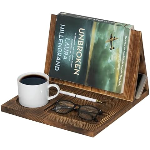 Wooden Book Holder Stand for Reading,Book Page Holder Book Reading Valet with Glass,Cup&Pen Holder,Book Lovers Gifts(Rustic Brown) Cover