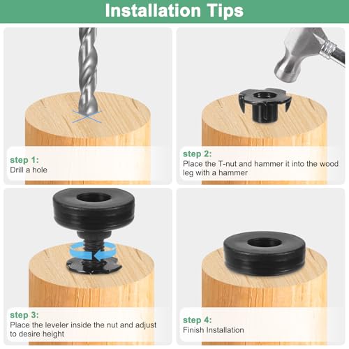 Image of M METERXITY 4-Pack Furniture Feet 3 /8 inch-16 Thread W T-Nut Kit 1320LBS Black | Adjustable Furniture Leg Levelers, Adjustable Leveling Feet Supports, for Tables /Cabinets /Large Base Supports