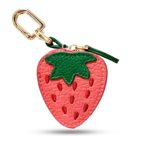 Tusztus 2.56 x 2.17 Inch Strawberry Fruit Bag Charm Cute Mini Coin Purse Keychain Mini Leather Coin Pouch Change Purse for Backpack Decoration Coin Strawberry Wallet Gifts for Girl Women