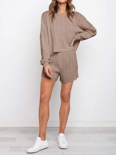 Faroro Women'S 2 Piece Knit Outfits Casual Long Sleeve Tops And Shorts Pajama Set Pullover Loungewear Sets Khaki thumb #1
