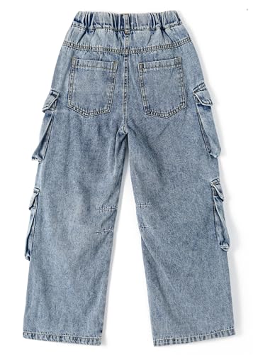 KIDSCOOL SPACE 8-Pocket Girls Wide-Leg Denim Pants, 5-14T Ribbed Elastic Waist with D-Ring Loops Cargo Jeans2