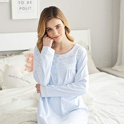 Keyocean Nightgown for Women, 100% Cotton Long Sleeves Lightweight Comfy Ladies Sleeping-Gown, Light Blue, Large