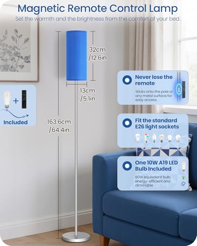 Image of Dimmable Floor Lamps for Living Room with Remote and Foot Switch, 64.4 inch Modern Standing Tall Lamp, Corner Lamp for Bedroom, Office, Bulb Included, 3000K-6500K, Blue and Silver, FCC Listed SU06LD05W1