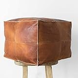 OttomanMarrakech Square Leather Pouf - Moroccan 18'' x 14'' Genuine Goatskin Bohemian Living Room Decor -Hassock & Ottoman Footstool Large Unstuffed, Brown