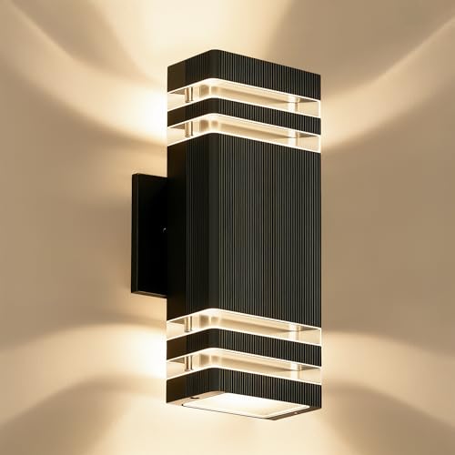 Image of JYV Square Outdoor Wall Lights, Up and Down Outdoor Lighting, Black | Aluminum Exterior Lighting Fixtures Wall Mount with 2x7W 3000K Bulbs, Waterproof Outdoor Lights for House Porch Patio Garage