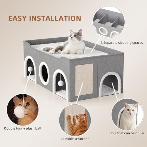 All-in-1 Extra-Wide Cat House for Indoor, Multi Cats Puppy Family, Large Cat Cave for Pet House with Fluffy Ball Hanging and Scratch Pad, Foldable Dog Hideaway, 35.4x19.6x13.3 inches, Grey - Image 5