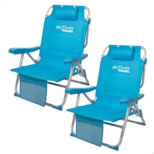 AKTIVE Pack de 2 sillas plegables multiposición para playa, jardín, terraza o camping, 5 posiciones, 49x58x80 cm, Altura asiento 27 cm, Topes antivuelco, Soporta 100 kg, Con asas de transporte (85469)