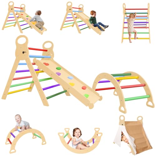 Image of 7 in 1 Pikler Triangle Set, Foldable Toddler Baby Climbing Toys, Wooden Montessori Climbing Set with Tent, Baby Climber Indoor Playground Jungle Gym for Toddlers Montessori Toys (Rainbow)