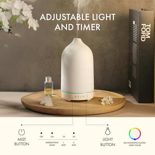 Ceramic Essential Oil Diffuser for Essential Oils Handcrafted Ultrasonic Humidifier 100ml Aromatherapy Diffuser Waterless Auto Shut-Off 4 Timing Set 7 Color Changing LED for Home Office - Image 4