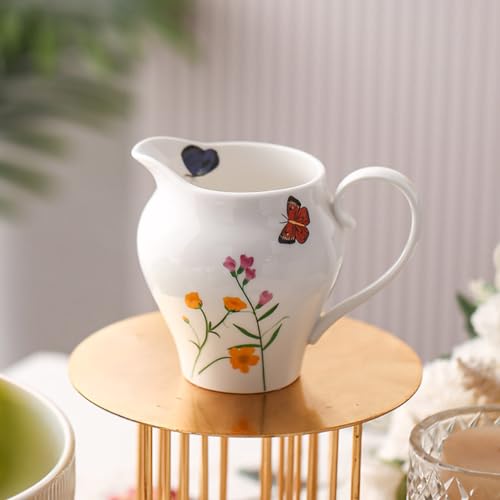 WAIT FLY Butterfly and Flower Ceramic Creamer and Sugar Bowl Set, Cream Pitcher, Sugar Bowl with Lid, Coffee Serving Set-Butterfly and Flower-Creamer Bowl Set