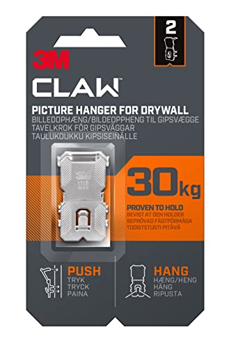 3M Claw Plasterboard Picture Hanging Wall Hooks For Hanging Home Décor 2 Hangers Holds up to 30 kg - Ideal for Heavyweight Items