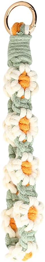 Macrame Daisy Wristlet Keychain Boho Flower Wrist Lanyard Handmade Braided Keychain Keyring Wrist Strap Cute Phone Bracelet Strap Key Chain Holder Strap Green White