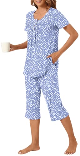 Image of Womens Summer Pajama Sets 2 Piece Short Sleeve Top and Capri Pants Plus Size Ladies Lounge Pjs Sets with Pockets
