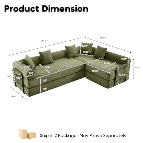 Image of L-Shape Modular Sectional Sofa Bed, Corduroy Boneless Couch, Olive Green