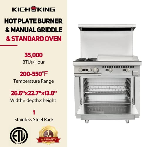Kichking 36" Commercial Ranges, 2 Burners, 24'' Griddle Gas Range, Equipped With A Standard Oven, 135,000 Btu, Natual Gas Ranges, Gas Stove For Efficiency And Precision Cooking For Restaurants #TOP2
