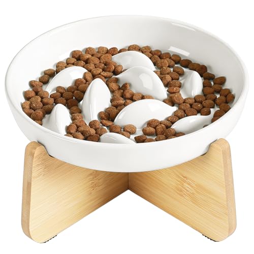 PETTOM Gamelle Anti Glouton Chat Céramique Surélevée avec Bambou Support, Anti Vomissements Gamelle pour Chat Manger Lentement pour Aliment Sec Humide...