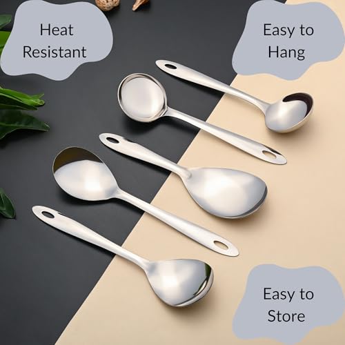 Image of Montavo by FnS 5 Pieces Stainless Steel Serving Spoon Set for Dining Table & Kitchen, Heavy Gauge, 1 Rice Spoon, 2 Soup Ladle (Karchi), 2 Solid Spoon (Chamcha, Spatula) Pack of 5
