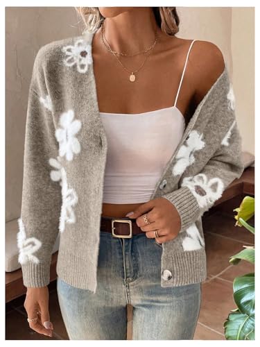 SHENHE Women's Floral Print Button Down Cardigan V Neck Drop Shoulder Knit Outerwear4