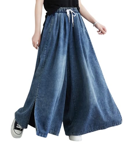 chouyatou Women's Casual Wide Leg Denim Pants Baggy Culotte Jeans Drawstring Waist Loose Trousers
