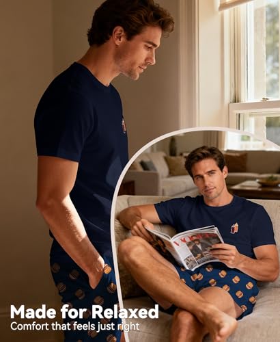 Image of Yoimira Mens Soft Pajama Set Short /Long Sleeve 2 Piece PJs with Pockets | Men's short /long sleeve pajama set, soft 2 piece PJs with pockets for sleepwear, loungewear, relaxing at home and nightwear