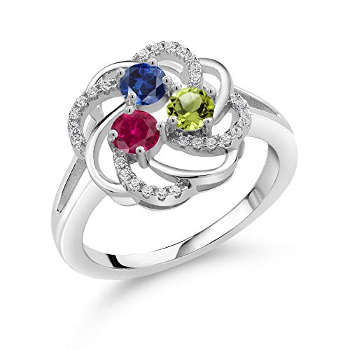 Gem Stone King Customized and Personalized 3-Stone Gemstone Birthstone and White Created Sapphire 925 Sterling Silver 3 Stone Wedding Engagement Anniversary Promise Ring For Women