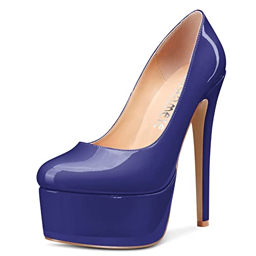 Castamere Femmes Aiguille Haut High Talon Heel Plate-Forme Rond Bout 15 CM Heels Escarpins Slip-on Mariage Party Sexy Chaussures Bleu C 36 EU Cover