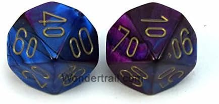 Wondertrail WCXPG1128E2 Blue Purple Gemini Dice with Gold Numbers 10s D10 Aprox 16mm (5/8in) Pack of 2 Dice Chessex