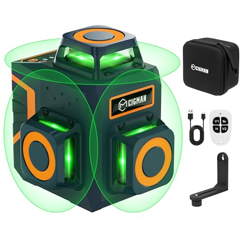 CIGMAN Laser Level 360 Self leveling, Rechargeable 3X360° Laser Level for Picture Hanging, Construction Laser, Remote Control & Magnetic Bracket,100FT Working Distance