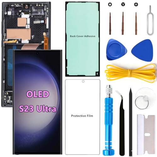 OLED Screen Replacement for Samsung Galaxy S23 Ultra 5G for Samsung S23Ultra SM-S918U SM-S918U1 LCD Display Digitizer Touch Assembly Support Fingerprint S-Pen (Black Frame+Protector+Adhesive+Tools)