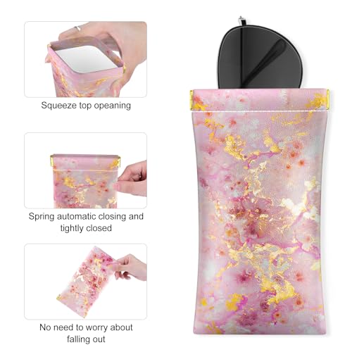Image of 3 Pack Eyeglasses Pouch, Portable Squeeze Top Leather Sunglasses Pouch Spring Storage Glasses Case, Pink Gold Marble