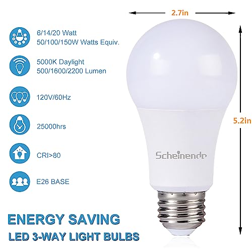 Scheinenda 3-Way Led Light Bulbs A21, 50 100 150 Watt Equivalent, Perfect For Reading, 5000K Daylight, Indoor Standard E26 Bulb, Energy Efficient 20 Watt, 2200 Lumens, 2 Pack #TOP1